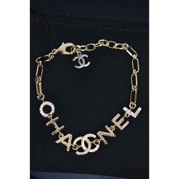 Chanel 22P Gold Chain Link Crystal CC Letter Adjustable Runway Arm Bracelet - Picture 1 of 12